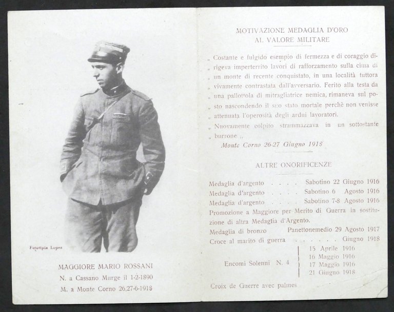 WWI - Biglietto Commemorativo in memoria Medaglia d'Oro Mario Rossani …