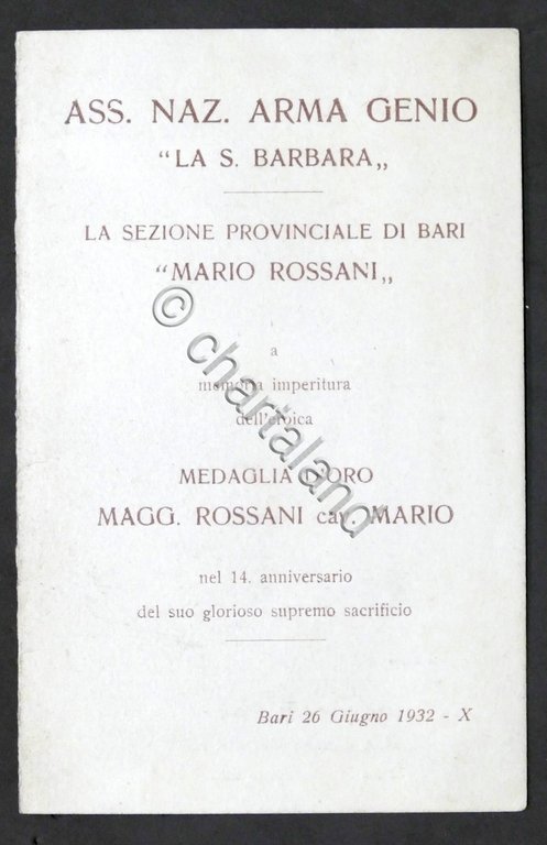 WWI - Biglietto Commemorativo in memoria Medaglia d'Oro Mario Rossani …