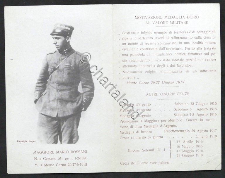 WWI - Biglietto Commemorativo in memoria Medaglia d'Oro Mario Rossani …