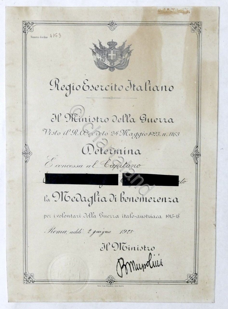 WWI - Decreto di concessione Medaglia di Benemerenza per volontari …