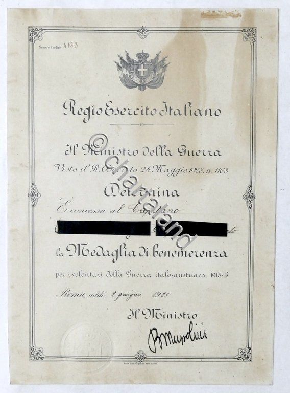 WWI - Decreto di concessione Medaglia di Benemerenza per volontari …