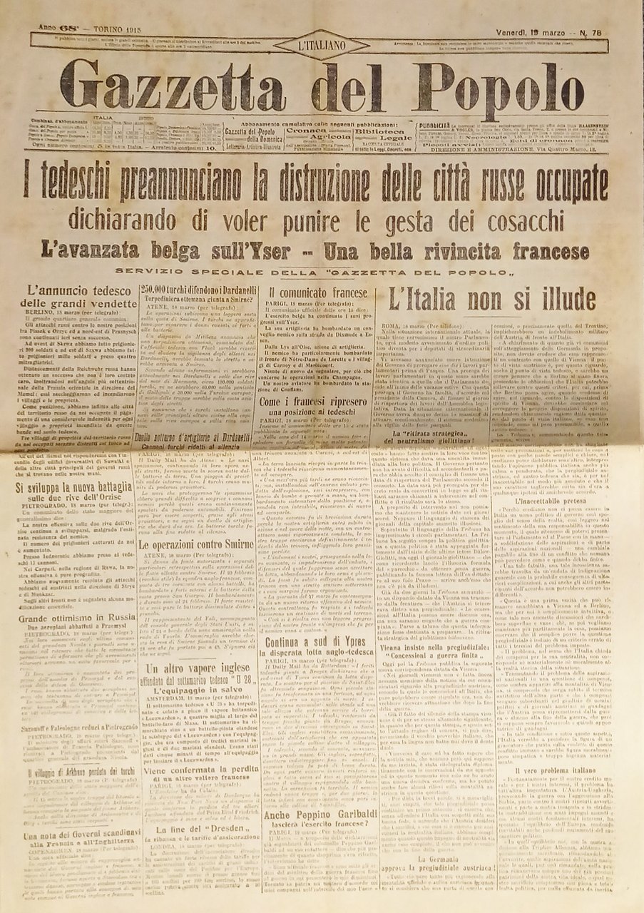 WWI - Gazzetta del Popolo N. 78 - 1915 Distruzione …