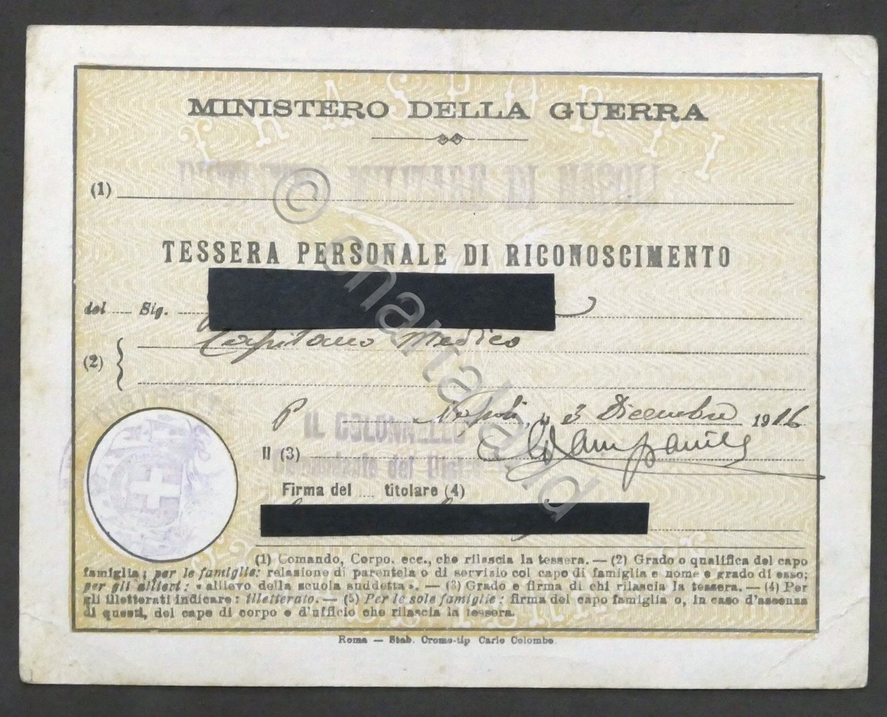 WWI - Ministero della Guerra - Tessera personale Capitano Medico …