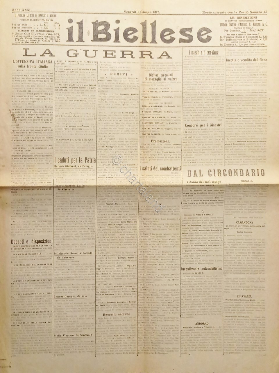 WWI - Quotidiano - Il Biellese N. 43 - 1917 …