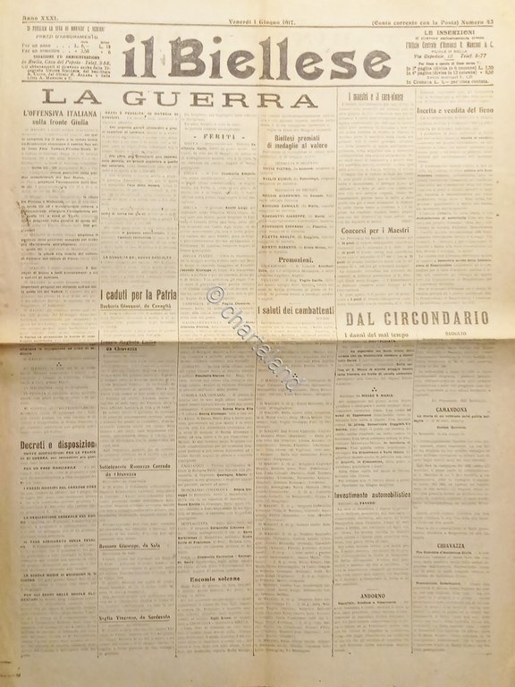 WWI - Quotidiano - Il Biellese N. 43 - 1917 …