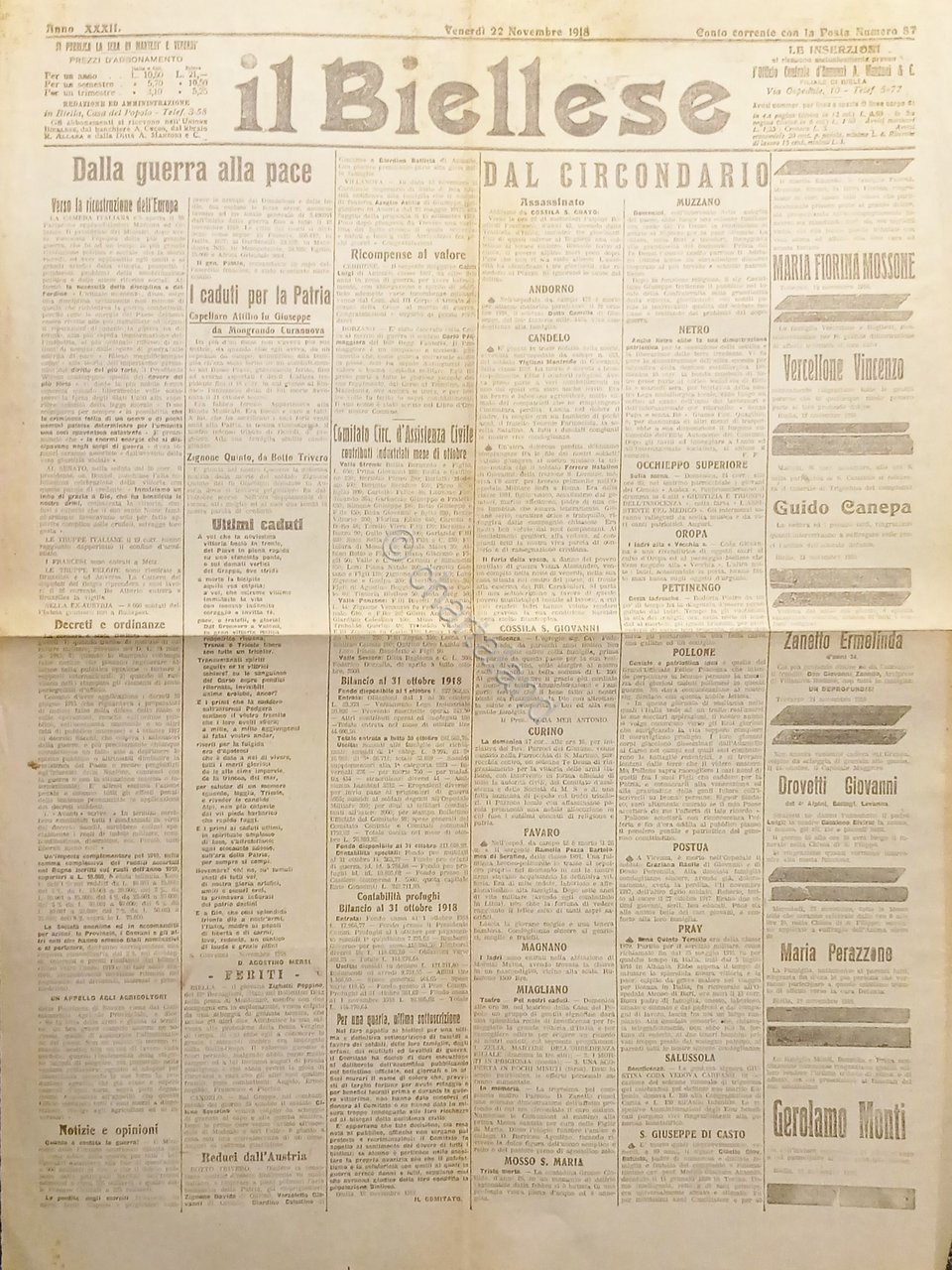 WWI - Quotidiano - Il Biellese N. 87 - 1918 …