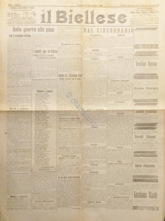 WWI - Quotidiano - Il Biellese N. 87 - 1918 …