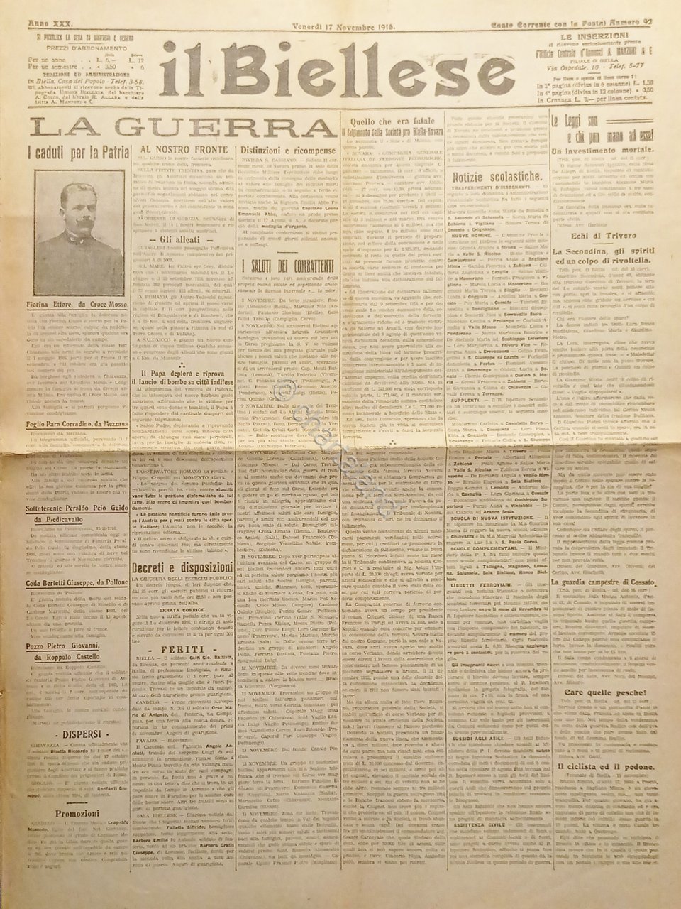WWI - Quotidiano - Il Biellese N. 92 - 1916 …