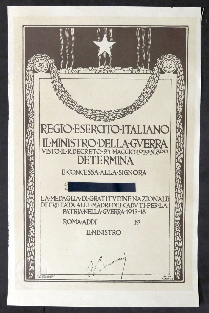WWI Attestato di concessione medaglia di gratitudine madri dei caduti …