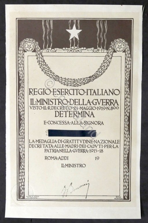 WWI Attestato di concessione medaglia di gratitudine madri dei caduti …