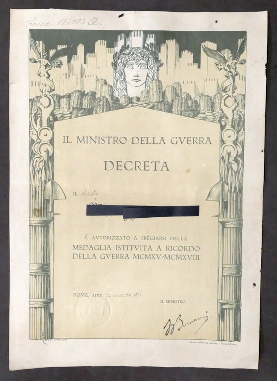 WWI Decreto concessione medaglia a ricordo della Guerra 1915 - … | Immagine Gallery 1
