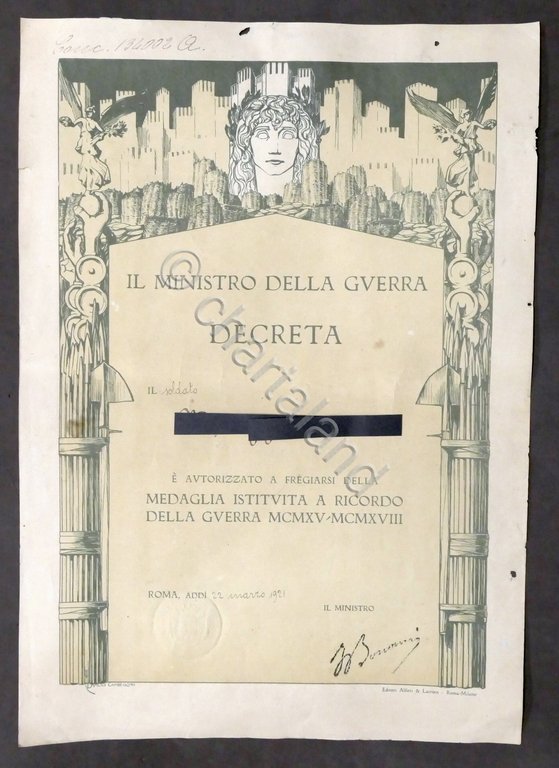 WWI Decreto concessione medaglia a ricordo della Guerra 1915 - …