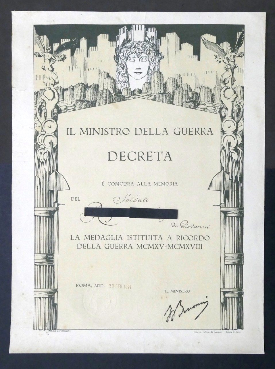 WWI Decreto concessione medaglia ricordo della guerra 1915-1918 - Febbraio …