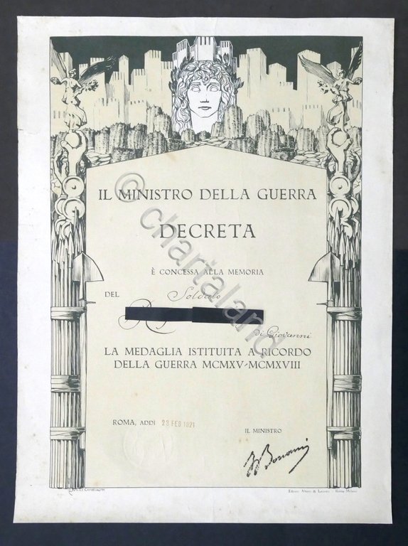 WWI Decreto concessione medaglia ricordo della guerra 1915-1918 - Febbraio …