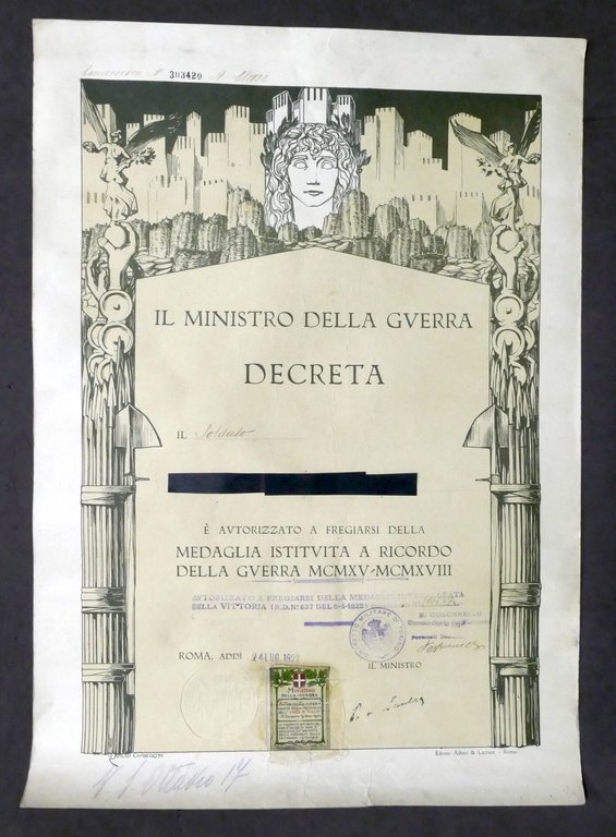WWI Decreto concessione medaglia ricordo della guerra 1915-1918 - Luglio …