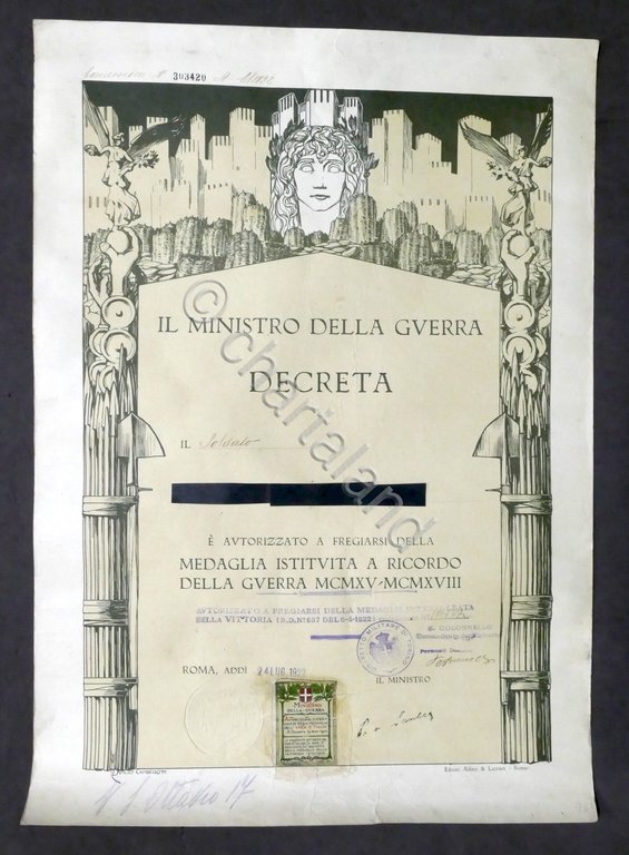 WWI Decreto concessione medaglia ricordo della guerra 1915-1918 - Luglio …