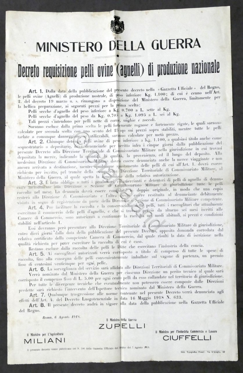 WWI Ministero Guerra - Decreto requisizione pelli ovine (agnelli) - …