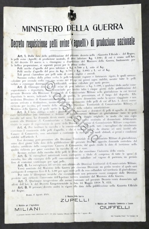 WWI Ministero Guerra - Decreto requisizione pelli ovine (agnelli) - …
