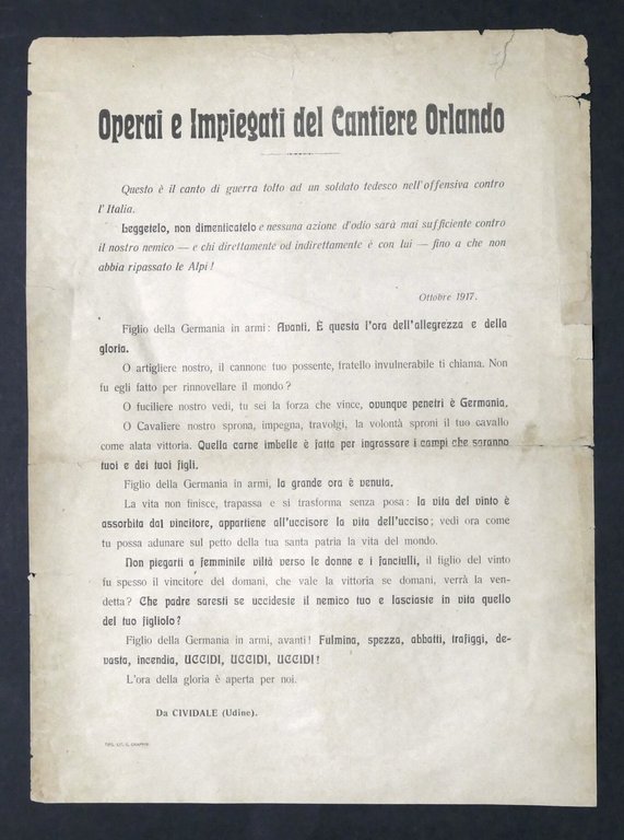 WWI Operai e impiegati Cantiere Orlando Udine - Volantino contro Germania - 1917