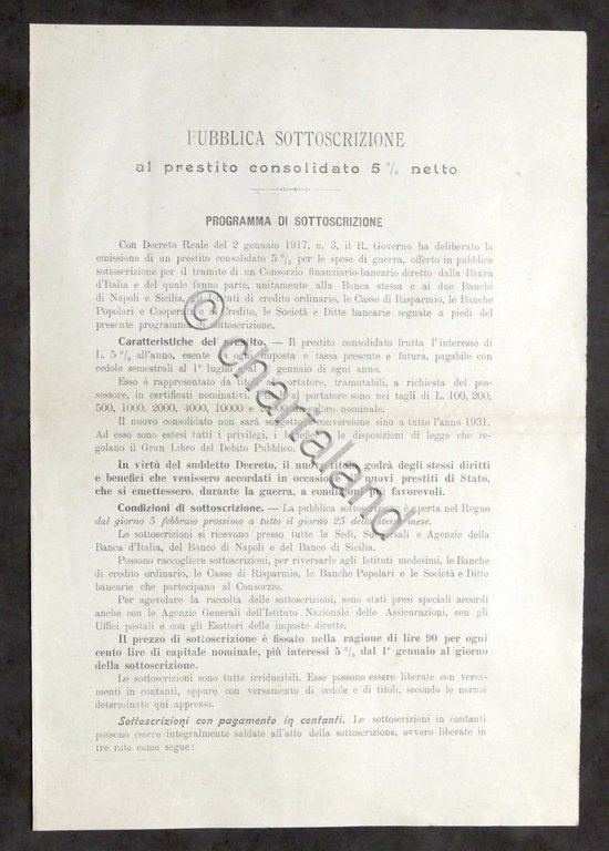 WWI Pubblica sottoscrizione prestito consolidato per spese guerra Programma 1917