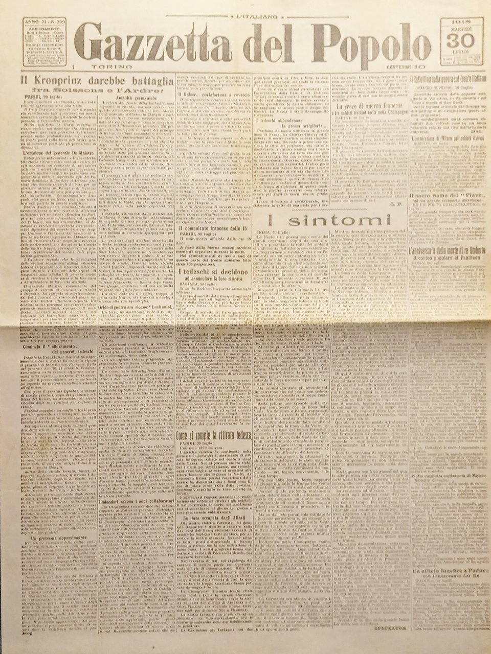WWI Quotidiano - Gazzetta del Popolo N. 209 - 1918 …
