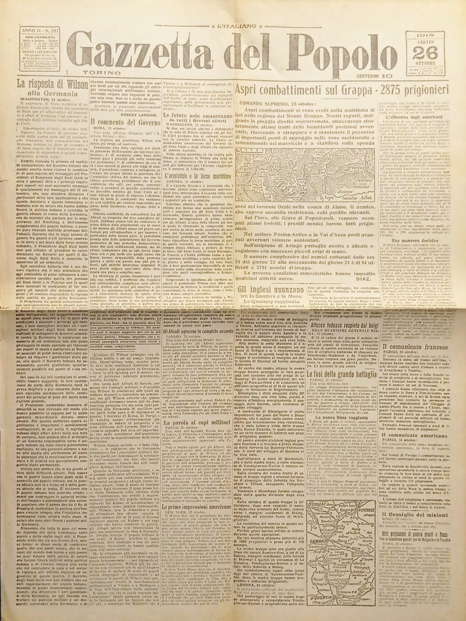 WWI Quotidiano Gazzetta del Popolo N.297 - 1918 Risposta di …