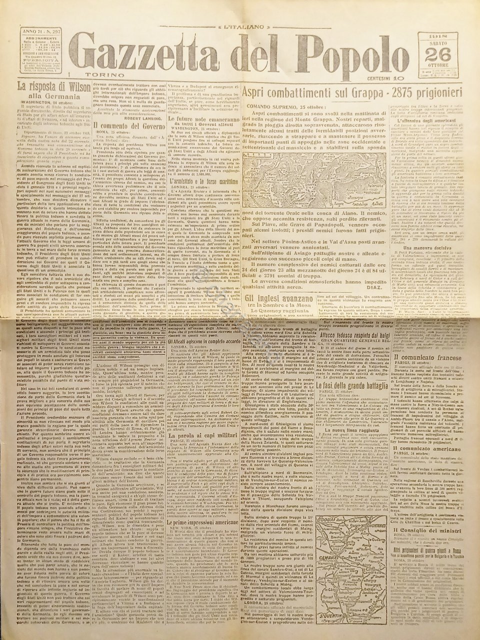 WWI Quotidiano Gazzetta del Popolo N.297 - 1918 Risposta di …