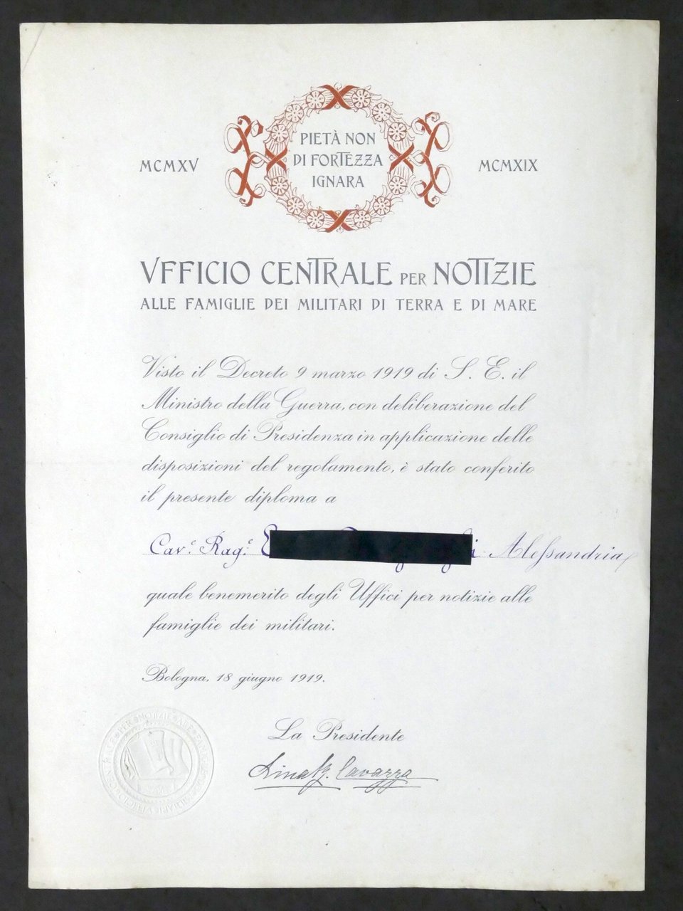 WWI Ufficio Centrale Notizie a famiglie dei militari Diploma di …