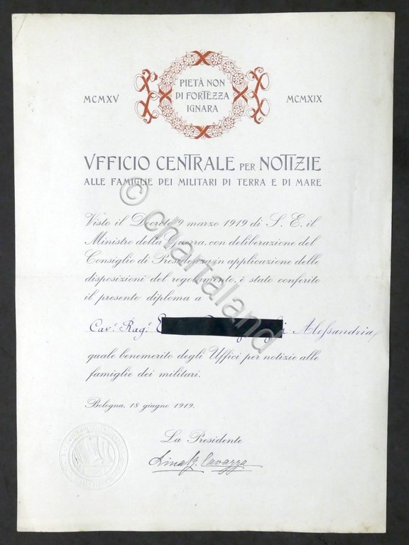 WWI Ufficio Centrale Notizie a famiglie dei militari Diploma di …