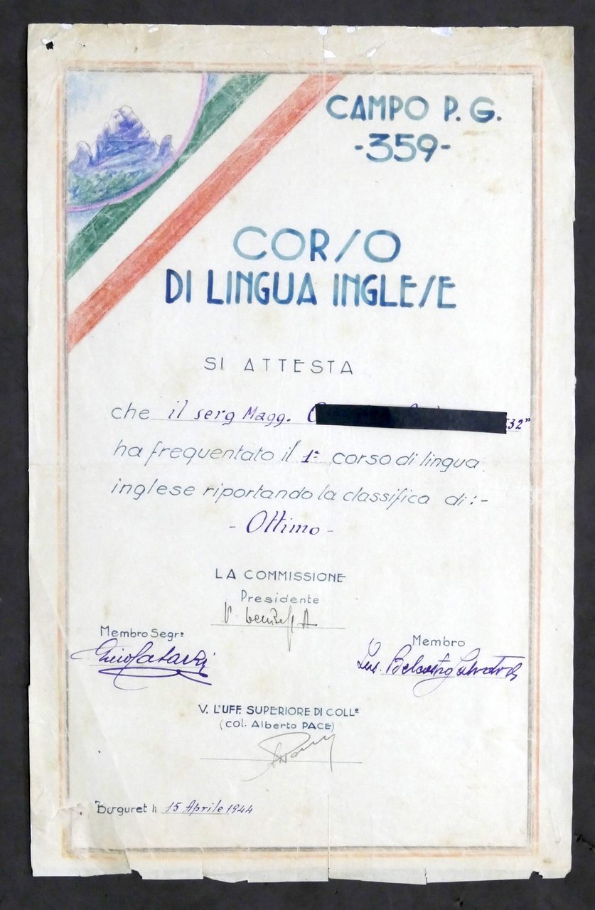 WWII - Attestato frequenza corso inglese - Campo 359 Burguret …
