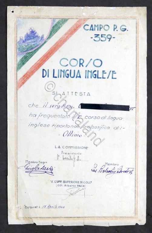 WWII - Attestato frequenza corso inglese - Campo 359 Burguret …