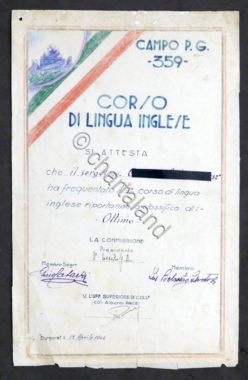 WWII - Attestato frequenza corso inglese - Campo 359 Burguret …