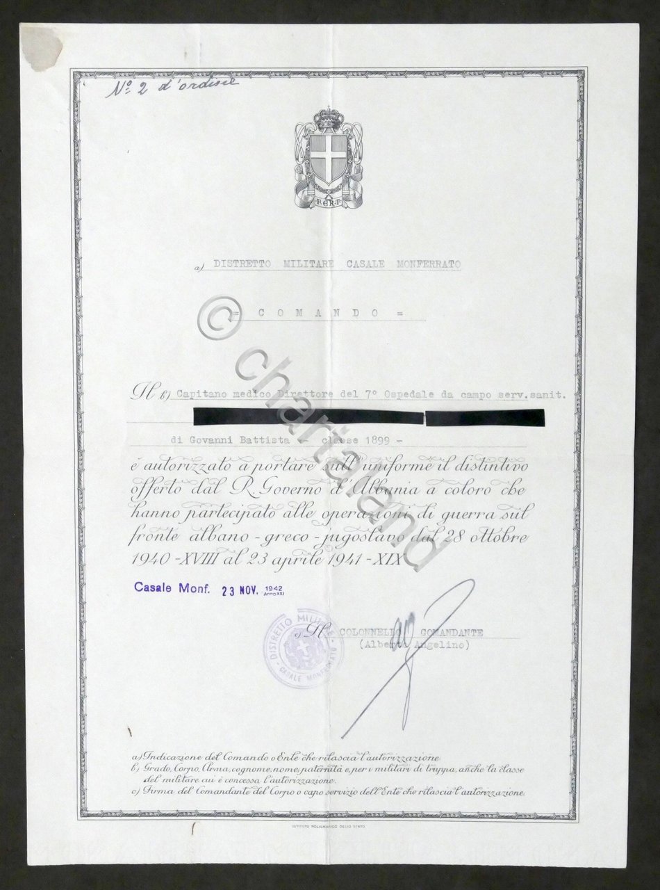 WWII - Autorizzazione a fregiarsi distintivo offerto dal Governo di …