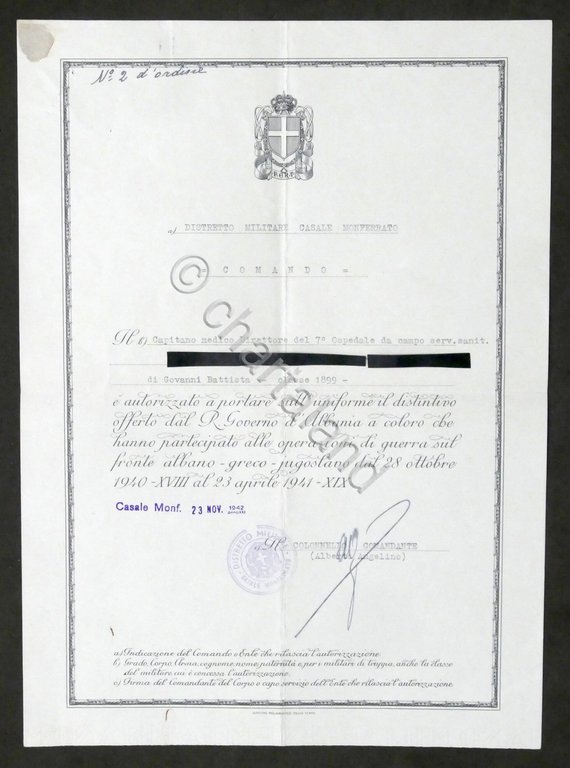 WWII - Autorizzazione a fregiarsi distintivo offerto dal Governo di Albania 1942