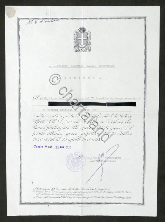 WWII - Autorizzazione a fregiarsi distintivo offerto dal Governo di …