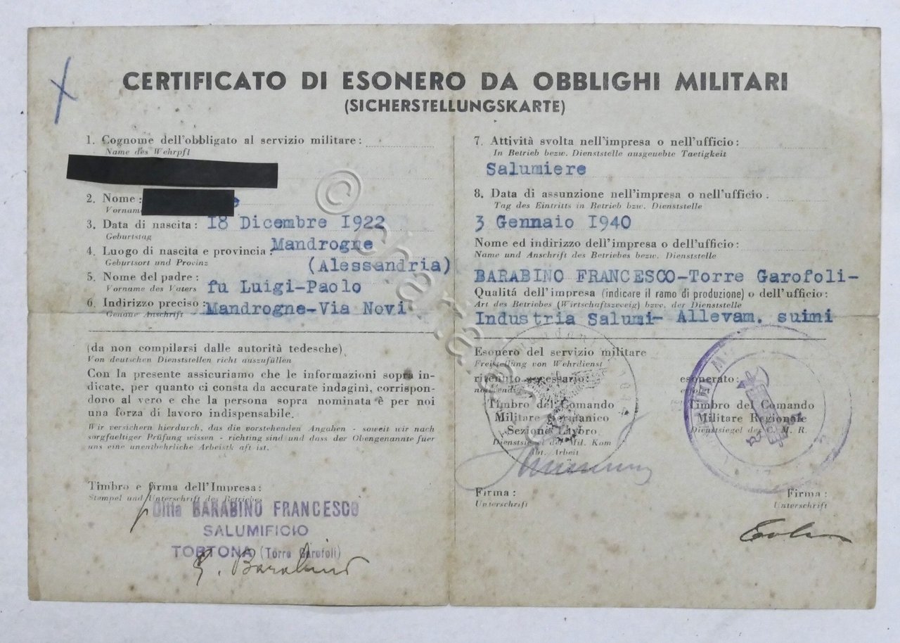 WWII - Certificato di Esonero da Obblighi Militari - 1942 …
