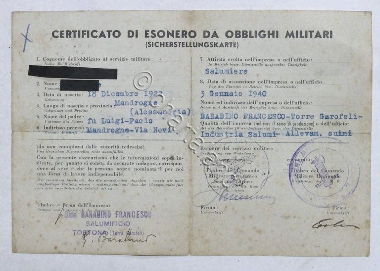 WWII - Certificato di Esonero da Obblighi Militari - 1942 …