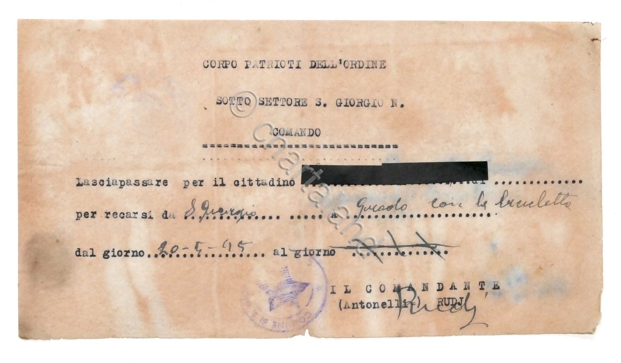 WWII - Corpo Patrioti - Lasciapassare da S. Giorgio di …