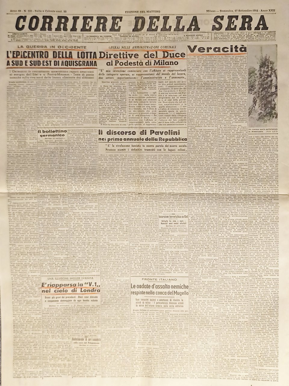 WWII - Corriere della Sera N. 223 - 1944 Direttive …