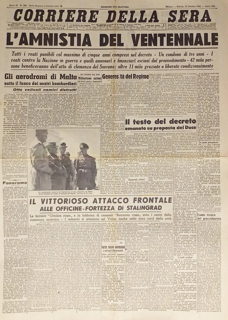 WWII - Corriere della Sera N. 248 - 1942 L'amnistia …