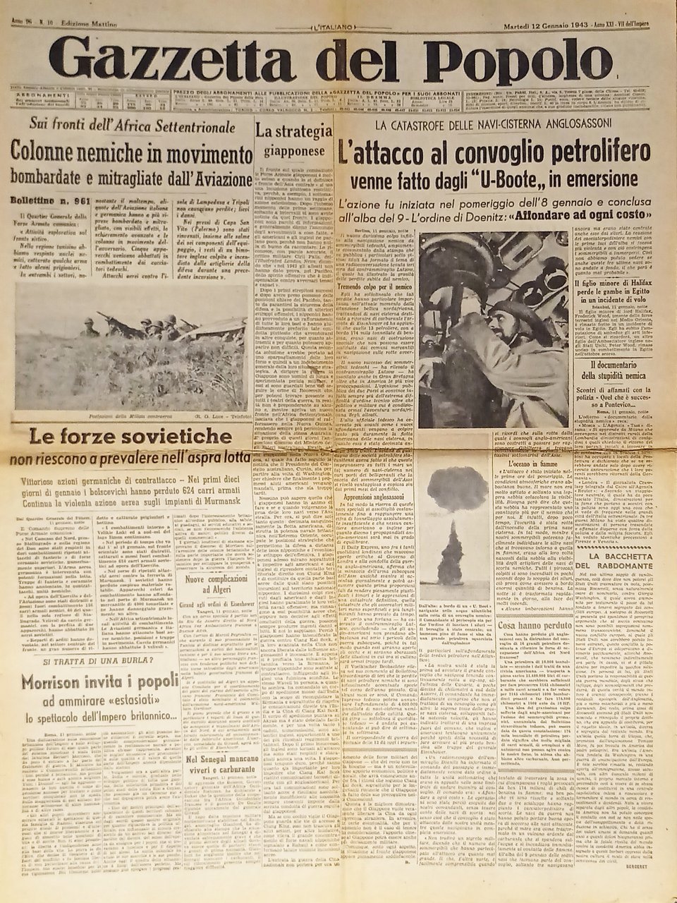 WWII - Gazzetta del Popolo N. 10 - 1943 La … | Immagine principale