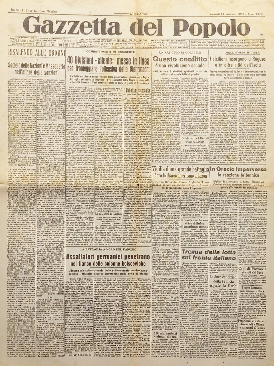 WWII - Gazzetta del Popolo N. 12 - 1945 I …