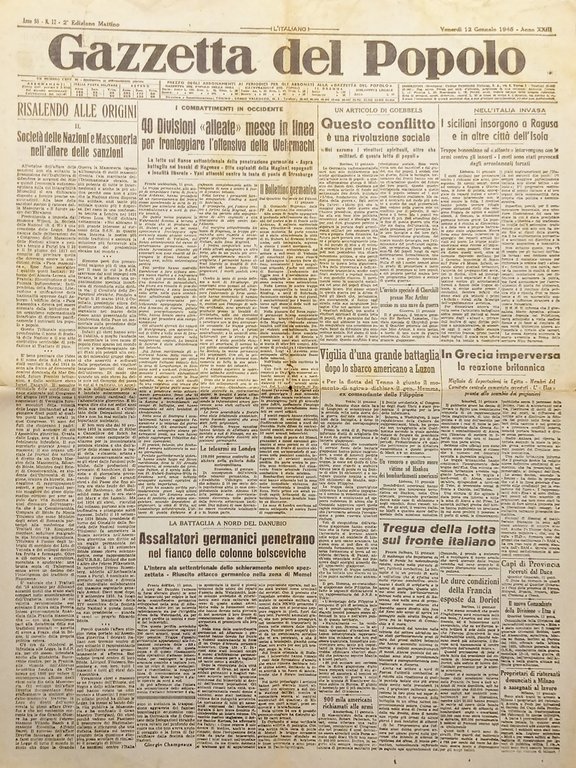 WWII - Gazzetta del Popolo N. 12 - 1945 I siciliani insorgono a Ragusa