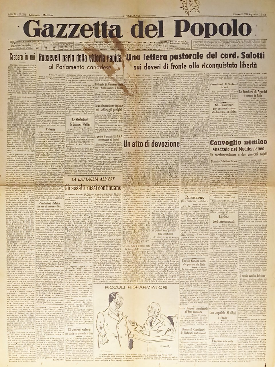 WWII - Gazzetta del Popolo N. 204 - 1943 Roosevelt … | Immagine principale