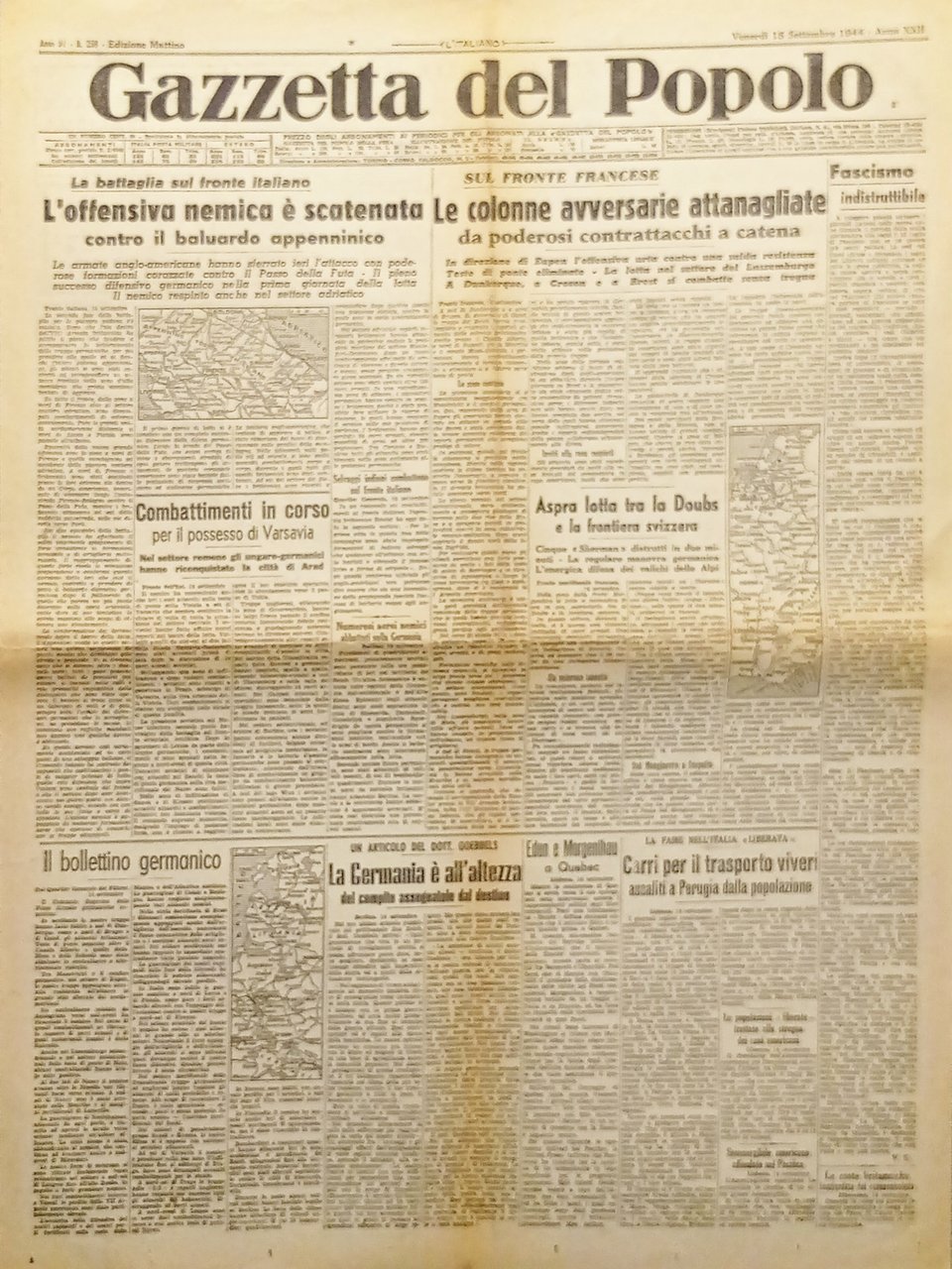 WWII - Gazzetta del Popolo N. 258 - 1944 L'offensiva … | Immagine principale