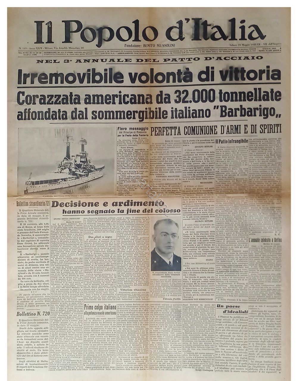 WWII - Il Popolo d'Italia N. 143 - 1942 Irremovibile …
