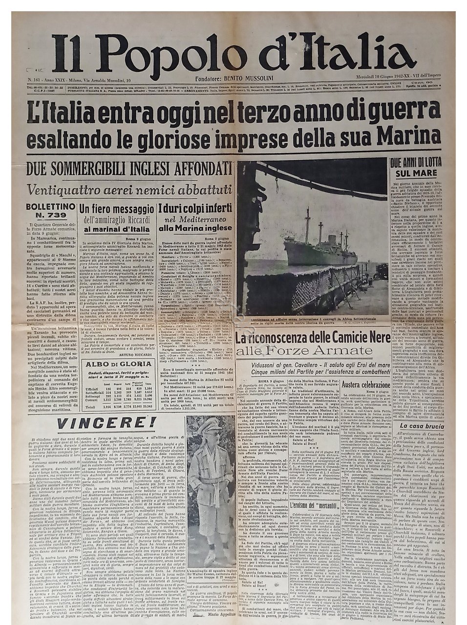 WWII - Il Popolo d'Italia N. 162 - 1942 L'Italia …