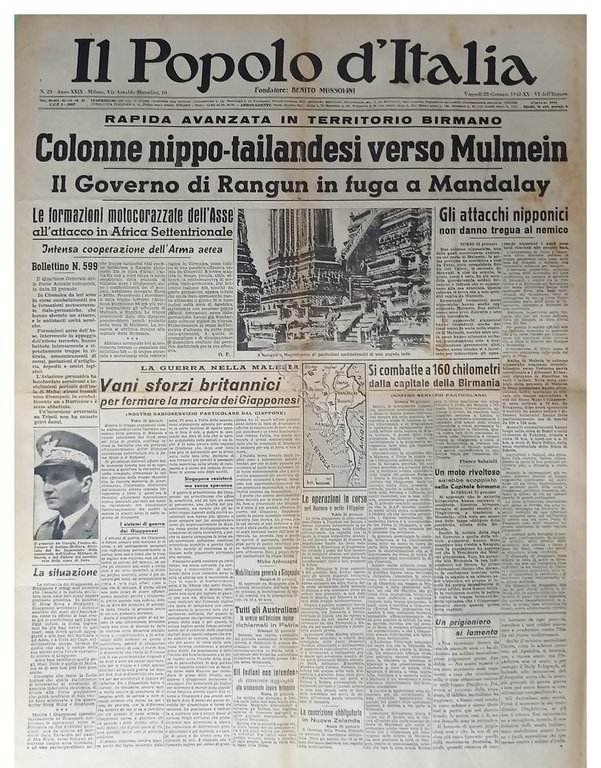 WWII - Il Popolo d'Italia N. 23 - 1942 Colonne nippo-tailandesi verso Mulmein