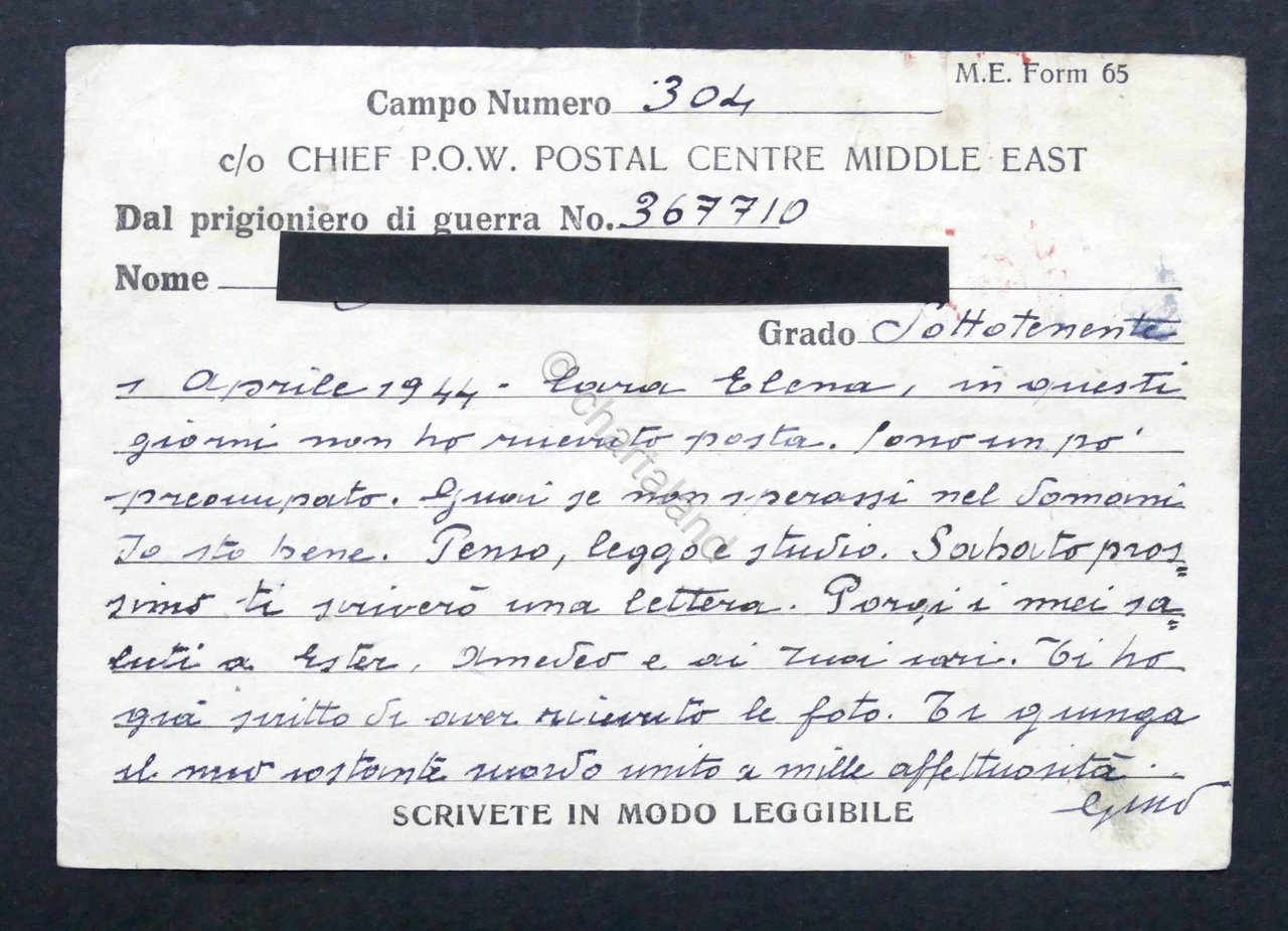 WWII - Lettera Prigioniero di Guerra italiano Campo 304 Middle …