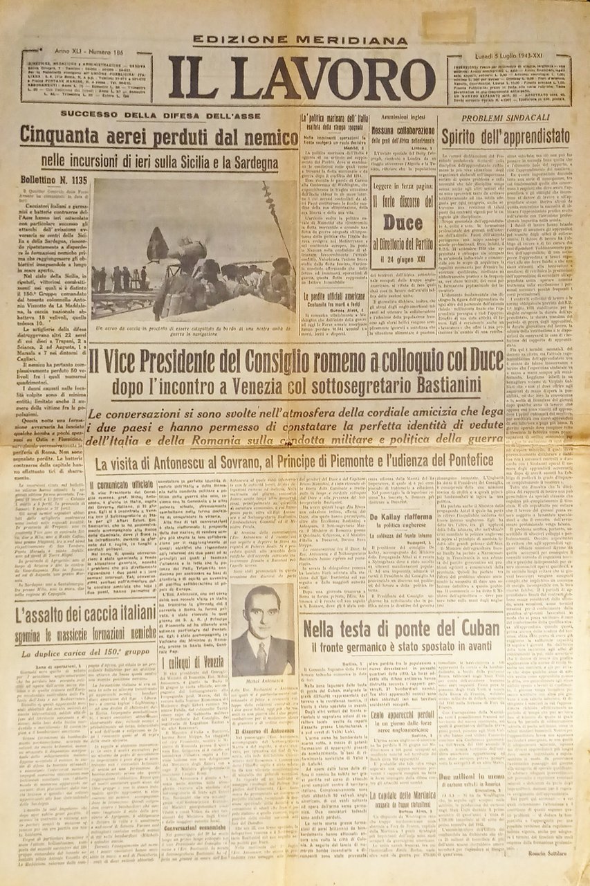WWII - Quotidiano - Il Lavoro N. 186 - 1943 …